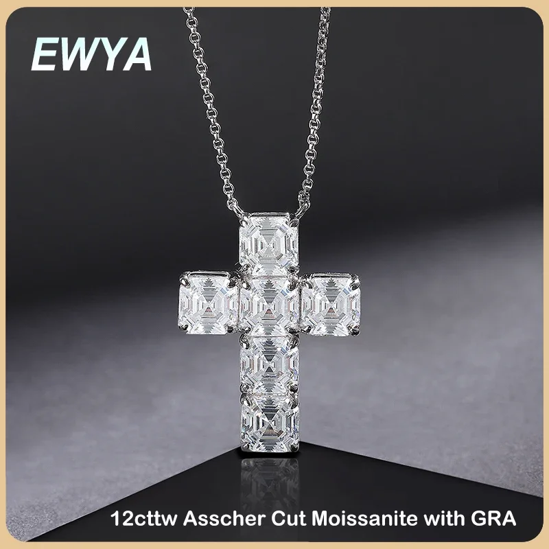 Ewya Luxe 12Cttw Volledige 7*7Mm Asscher Gesneden D Kleur Moissanite Hanger Ketting Voor Vrouwen S925 Zilver Pass Diamant Test Nek Ketting