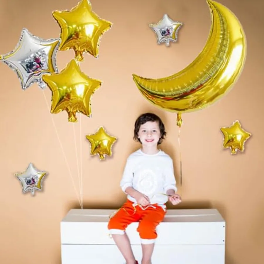 12 قطعة بالونات مايلر على شكل نجمة القمر مقاس 36 بوصة بالونات قمر ذهبية كبيرة وبالون من رقائق الفضة على شكل نجمة لحفلات أعياد الميلاد وحفلات الزفاف