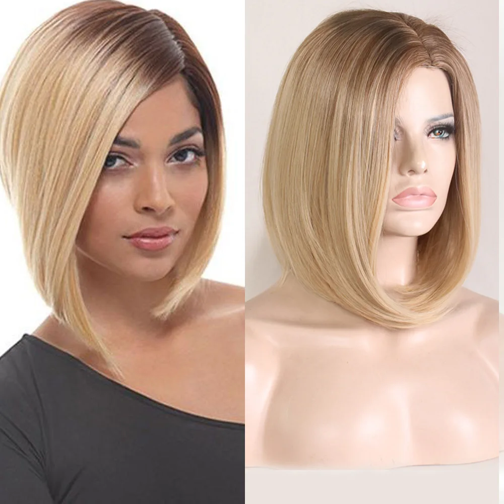 

European and American Style Ladies Synthetic Gradient Side-Swept Bob Wig, Straight Hair Fiber Wig Cap