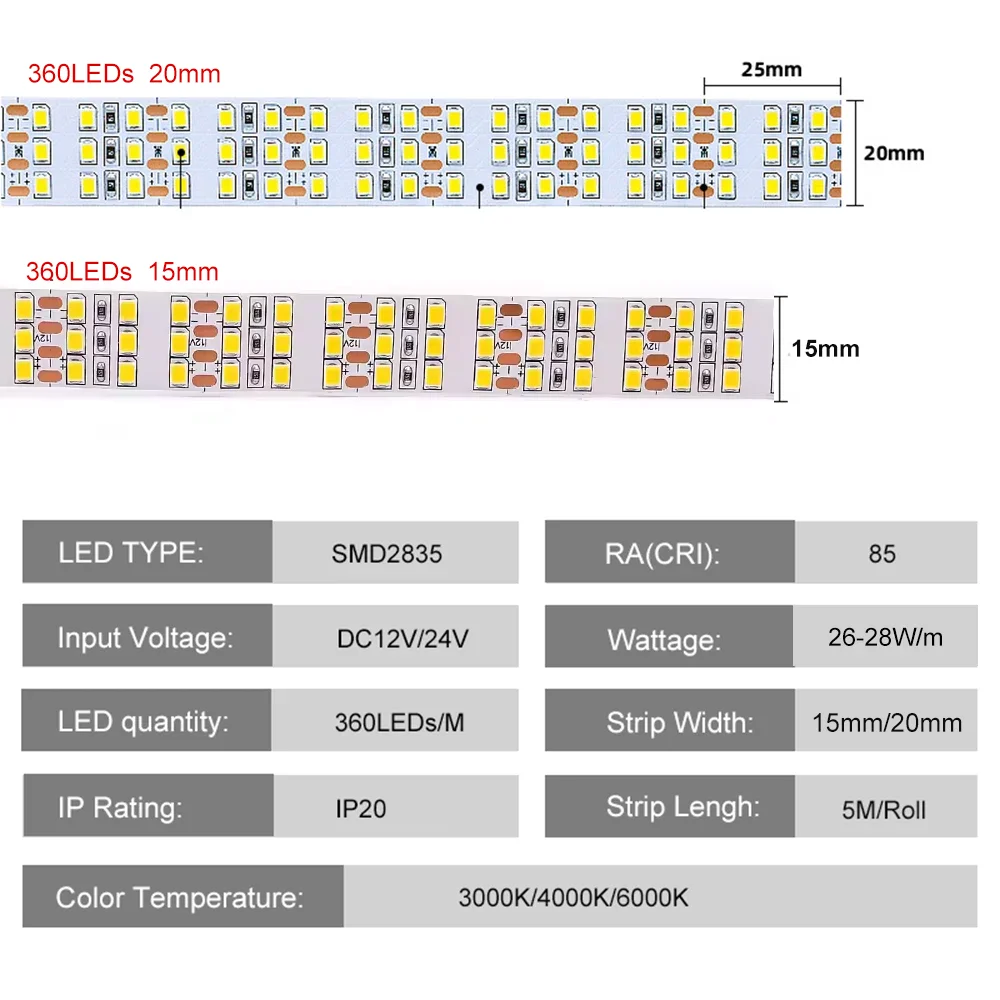 5m Super Bright LED Strip DC12V 24V Three Row 360leds/m 1800leds 5m 3000K/4000K/6000K For LED Ribbon Project Lighting