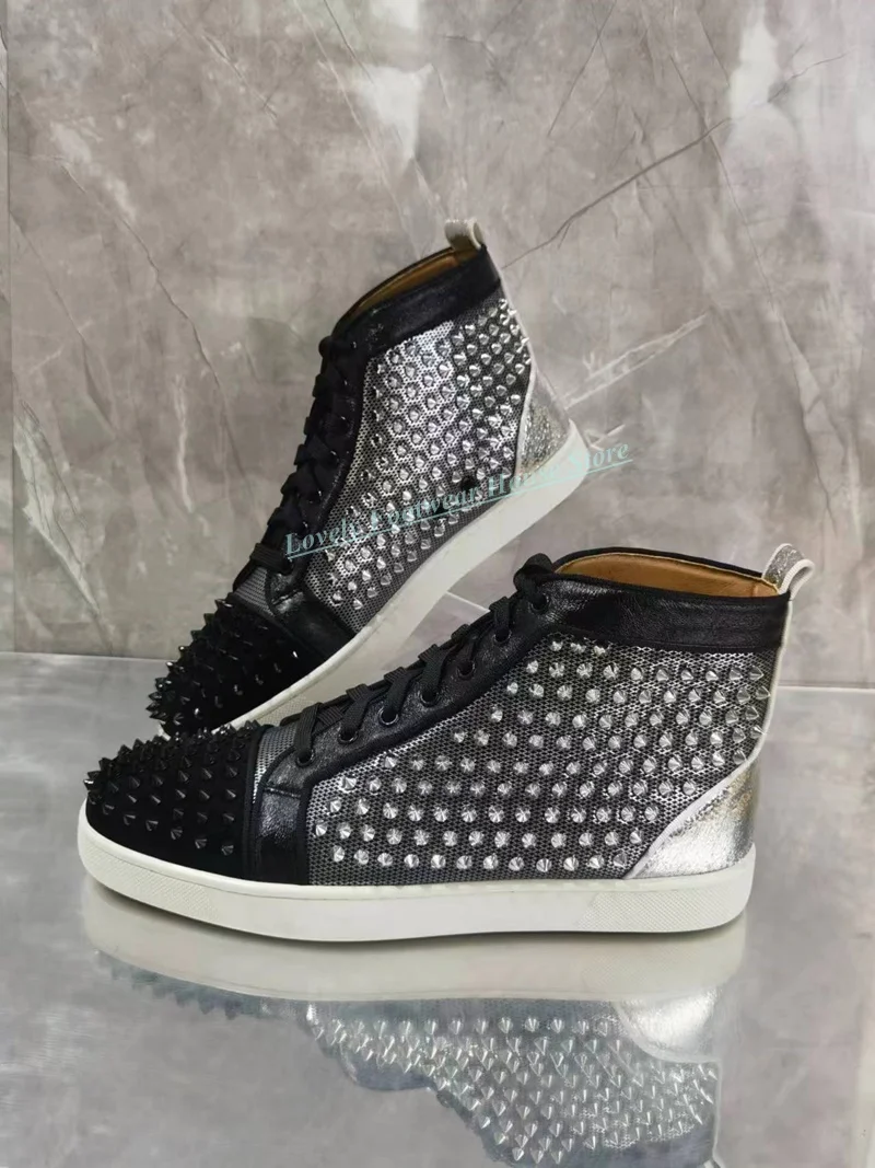 

Unisex Men Woman Studded Ankle Boots Genuine Leather Black Silver Rivet Male Lace Up Round Toe High Top Autumn Winter Boots