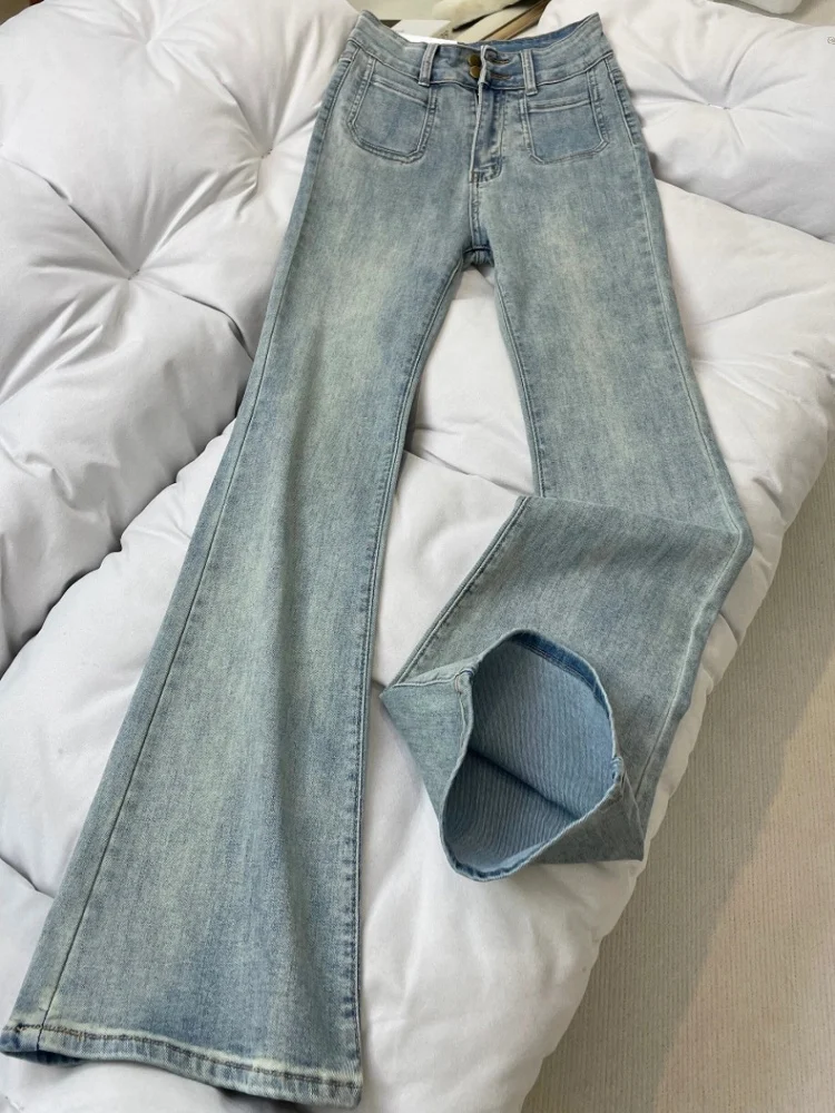 

Летние тонкие джинсы с высокой талией, эластичные, стройнящие, свободные, больших размеров, женские, с легким расклешением, повседневные, светло-голубые, из денима