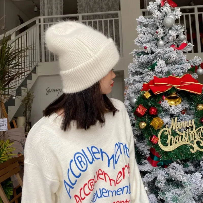 موضة الدافئة الكشمير الصوف Skullies أنغولا الأرنب الفراء الشتاء محبوك بيني النساء قبعة الإناث ثلاثة أضعاف التزلج في الهواء الطلق القبعات #6