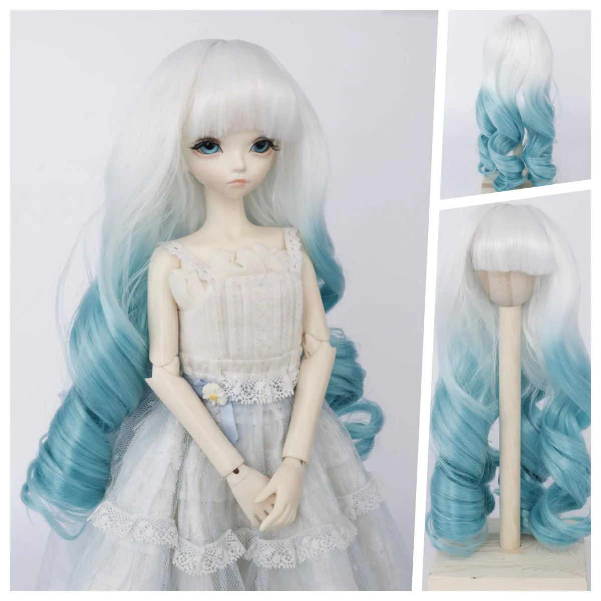 

1/4 BJD Doll Wig 6-7'' Head Long Bangs Curly Wig Doll Accessories White Blue Big Roll High Temperature Fiber Wavy Hair For MSD