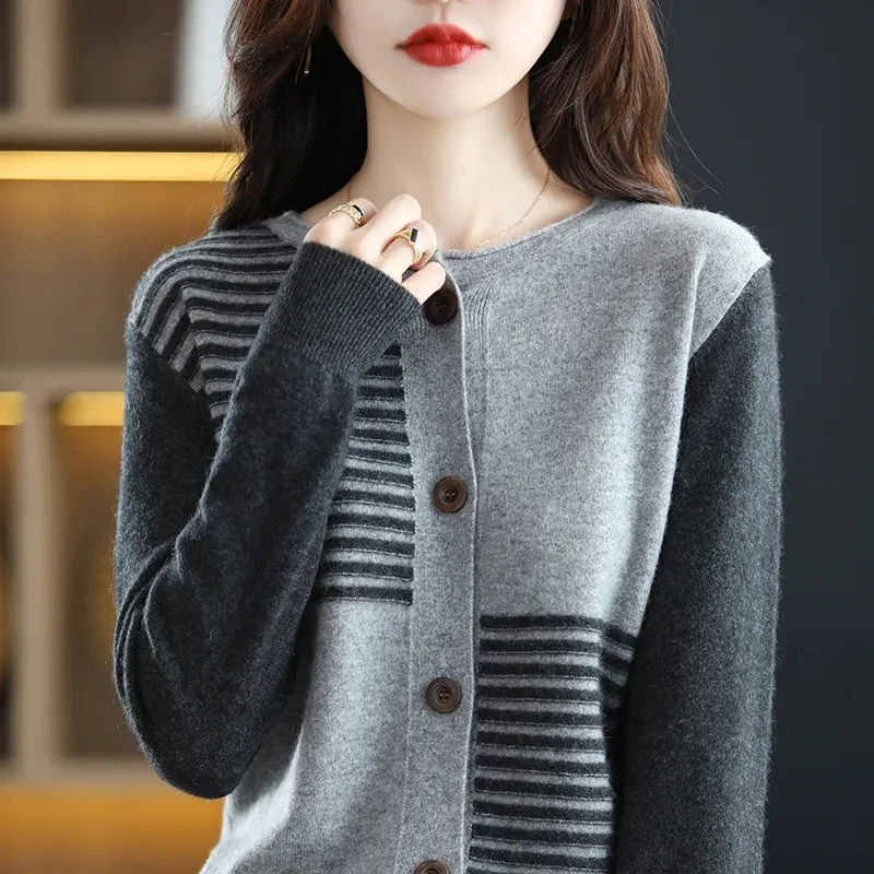 Round necked Wool Cardigan For Women Spring Autumn New Color Blocking Long Sleeved Sweater Korean Loose Jacket Top