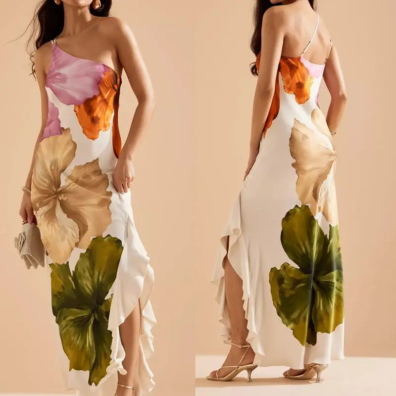 Combhasaki Abito estivo da donna elegante senza maniche con stampa floreale monospalla con volant e spacco alto, abito da spiaggia lungo allentato Boho