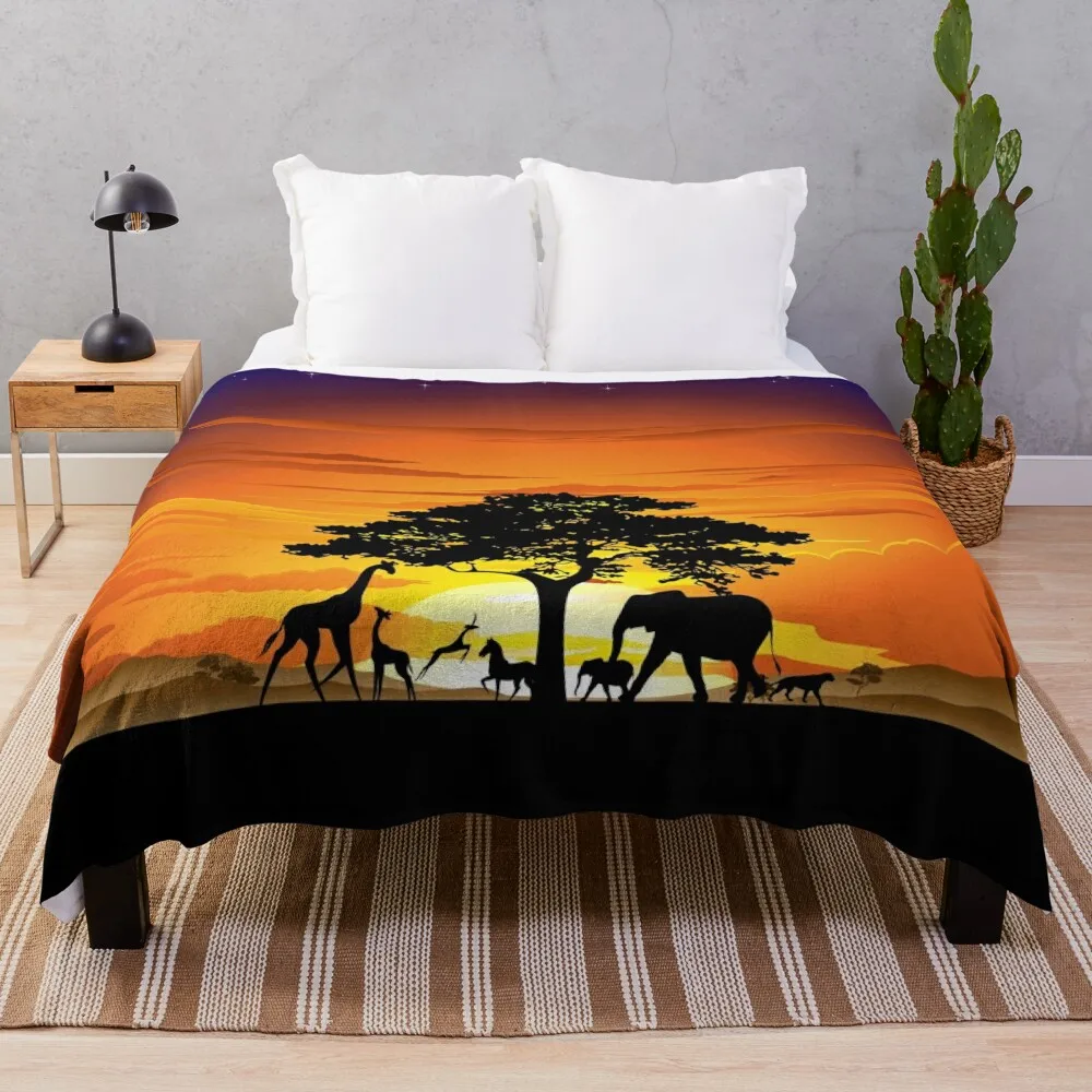 Wild Animals on African Savanna Sunset Throw Blanket Thins Fluffy Shaggy Flannels Personalized Gift Soft Blankets