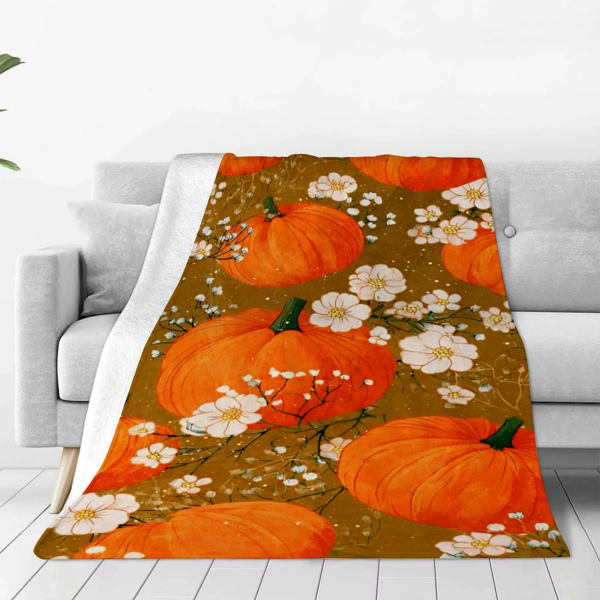 Vintage Fall Harvest Throw Blanket, Oil Painting Pumpkin White Floral Print Soft Cozy Autumn Seasonal Sofa Bed Decor Blanket