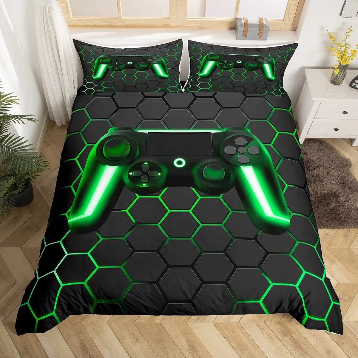 

Honeycomb Gamepad Gaming Duvet Cover Set Gamer Bedding Sets for Boys,Neon Lights Geometric Comforter Cover Quilt Cover Full Size