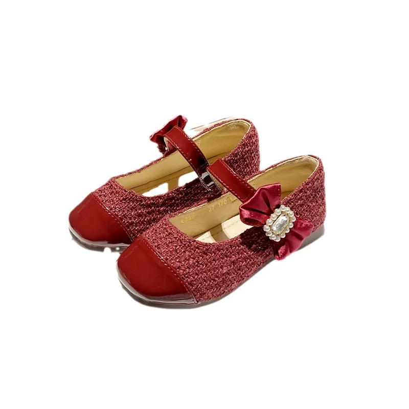 Girls' Shoes 2023 Autumn New Barb Bow Children's Shoes Square Head Soft Sole Baby Single Shoe Little Girl Red Shoes Size 25-35