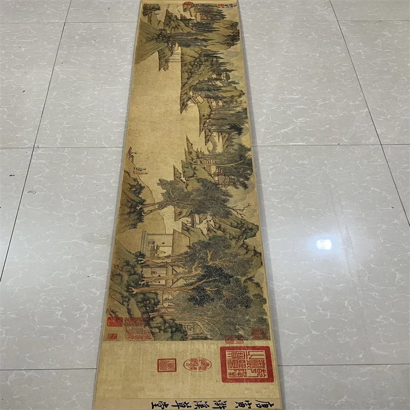 China Old long Scroll  Watercolor painting and Calligraphy , Tang Yin's Painting of Huxi Thatched Cottage Painting collectibles