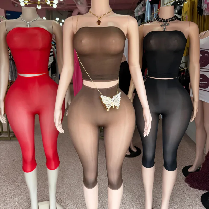 Sexy Mesh See Through 2 Piece Sets Woman Strapless Sleeveless Crop Tops And Skinny Capri Pants Set Midnight Party Club Suits