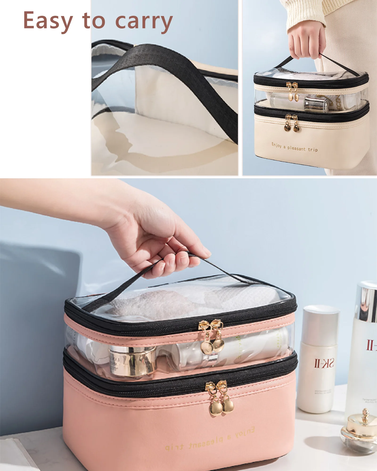 Two-layer PU Transparent Toiletry Bag Waterproof and Stylish Large Capacity Cosmetic Bag for Travel and Business