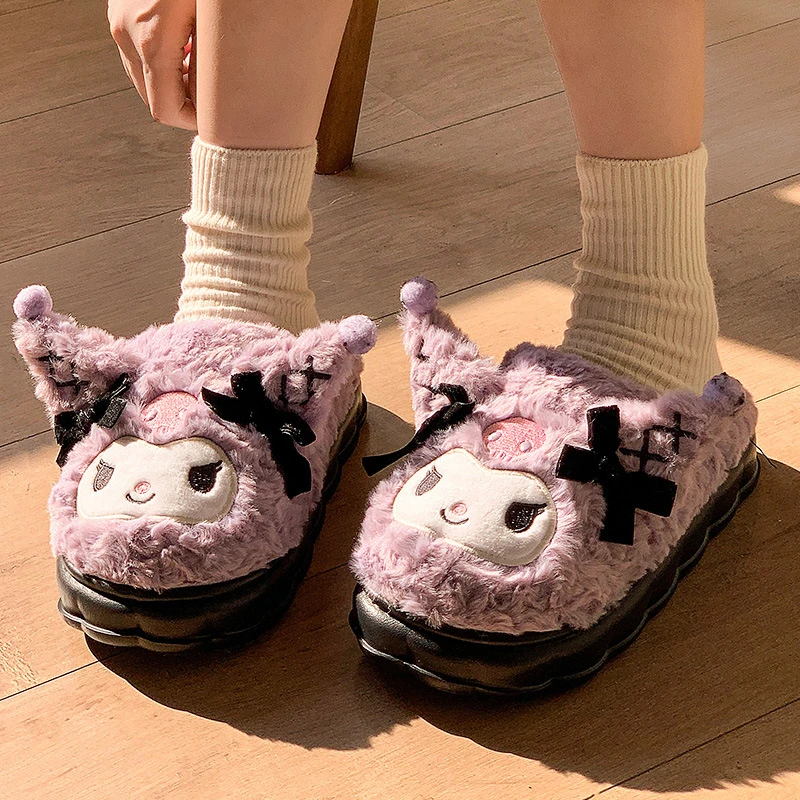 

Kids' Slippers House Shoes Cartoon Kuromi Bow Winter Shoes For Girls Warm Anti-slip Home Slipper Pruple Black Shoes Size 36-41