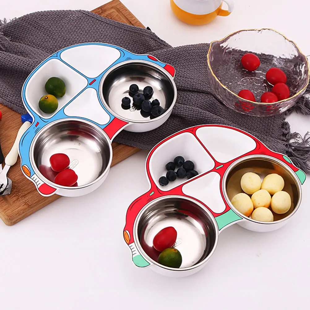 

1 Set Cartoon Car Shaped Kids Meal Plate Stainless Steel Bowl Fork Spoon Skid-Proof Baby Dish Grids Food Separator Microwave