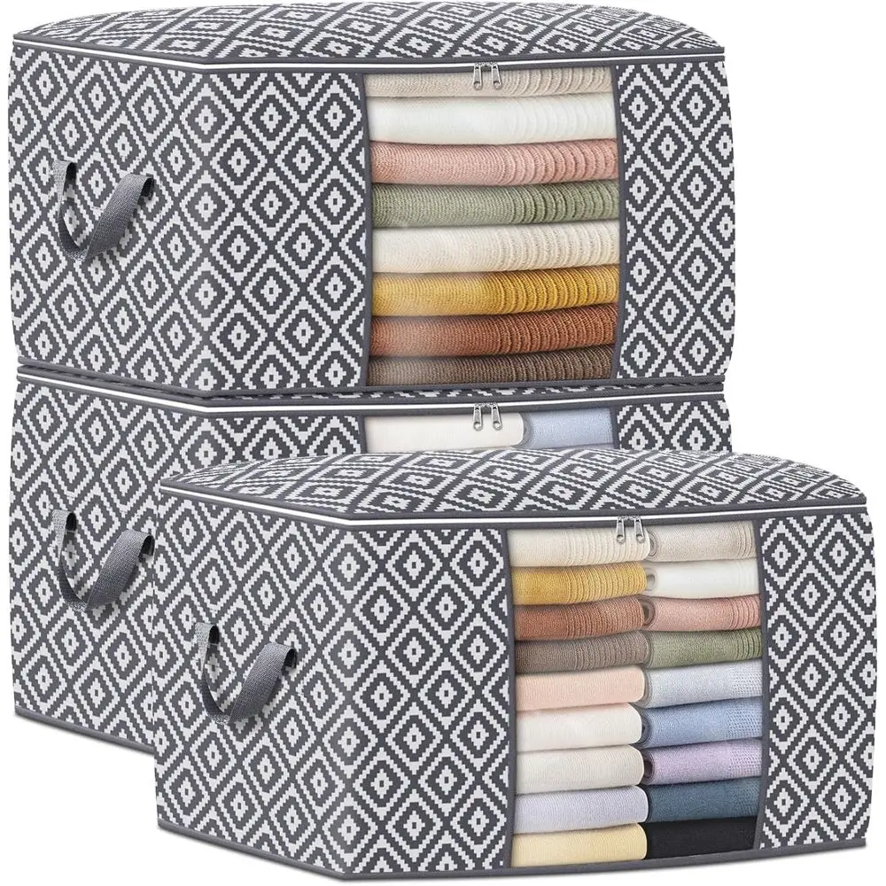 

100L 3-Piece Large Storage Containers with Reinforced Handles for Clothes, Bedding, and Blankets - Grey