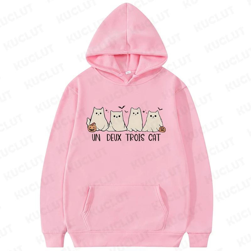 Spooky Bluzy z kapturem Boo Cat Halloween Bluzy damskie Un Deux Trois Y2k Odzież Miłośnik kotów Casualowy długi rękaw Pullover Odzież wierzchnia