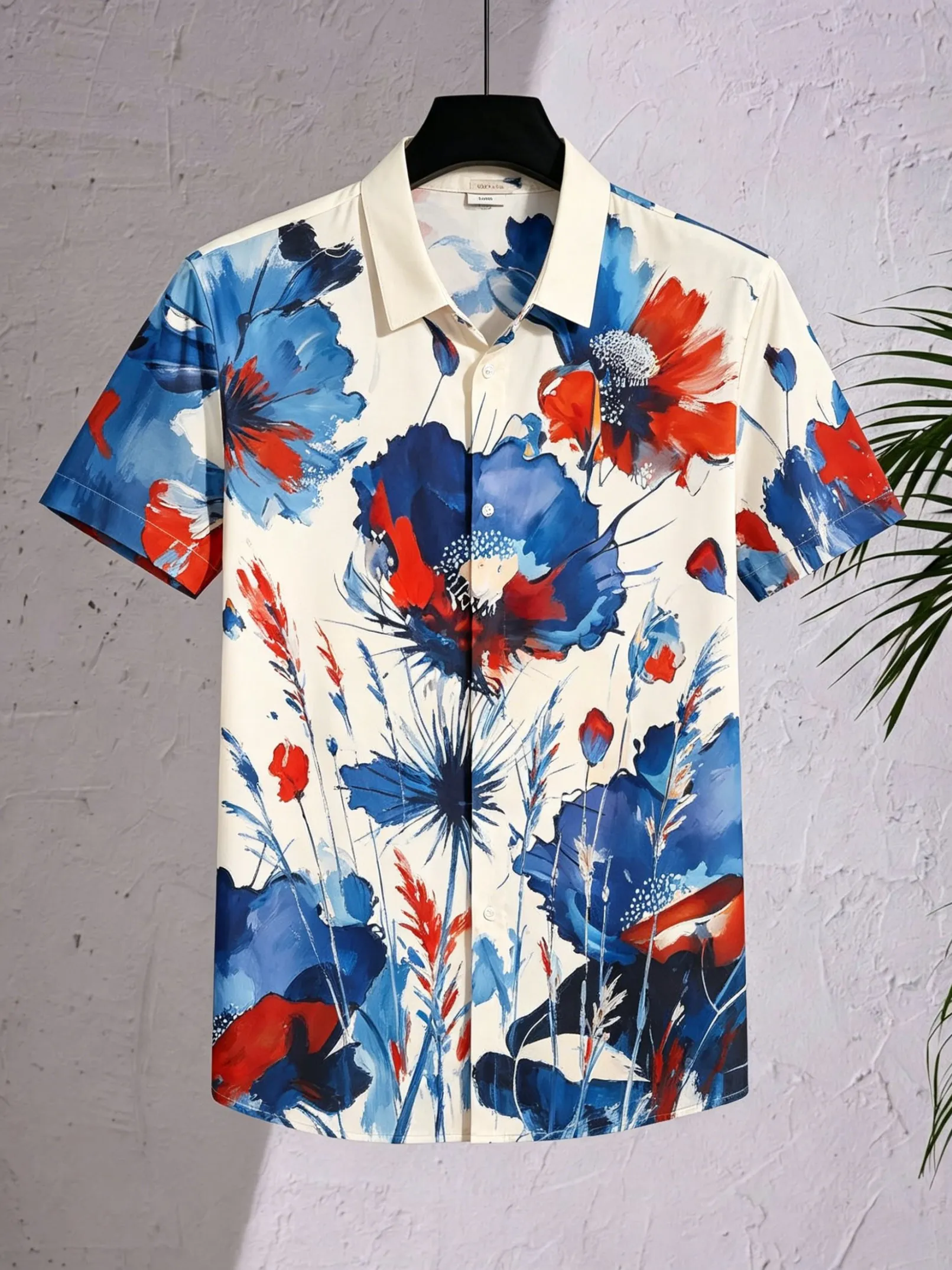 

Women's Spring Summer Lapel Shirt, Abstract Watercolor Red Blue Floral Print Casual Tops for Daily Holiday Beach Street Outfit