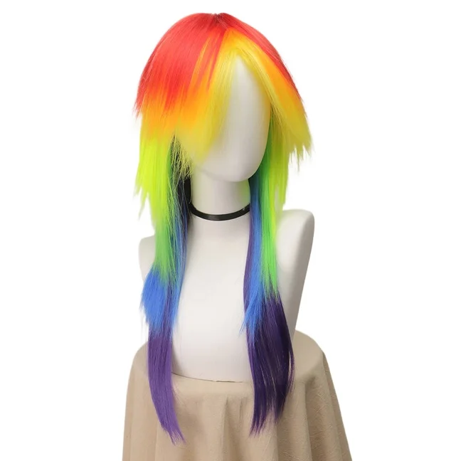 Anime Straight Purple Blue Pink Mixed Long Synthetic Hair Cosplay Long Straight Hair Wigs For Women