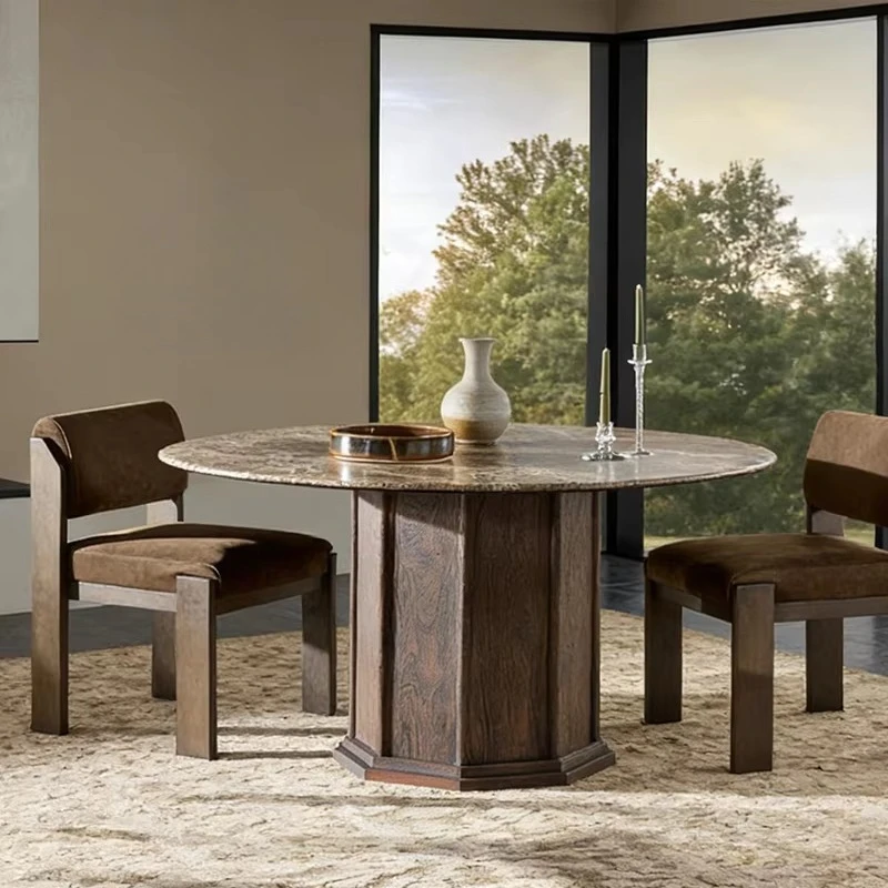 km-Round Dining with Natural Marble Top and Wood Pedestal Base Octagonal Faceted Design in Dark Walnut Finish Mesa De Comedor%