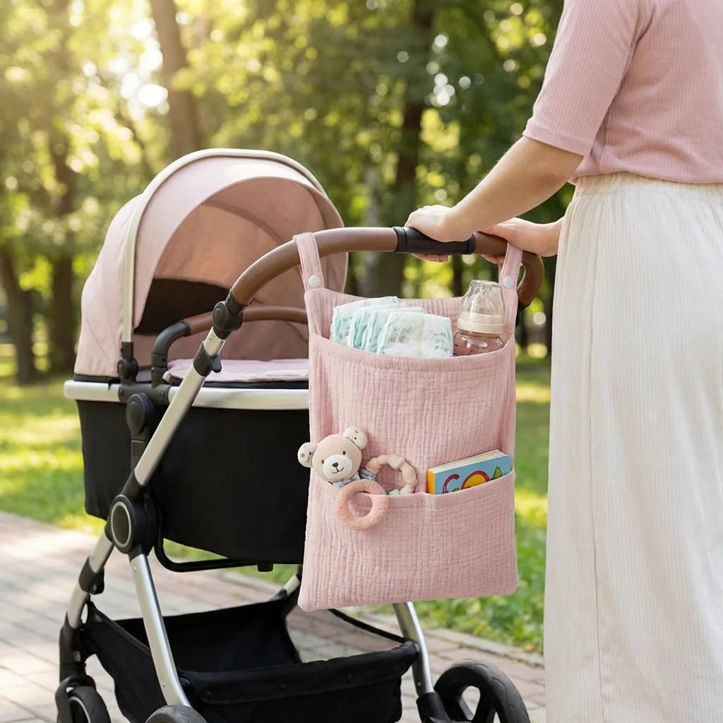 Picture 3: Baby Bed Head Hanging Bag Double Layer Crinkled Fabric Baby Toy Diaper Storage Bag Multifunctional Child Storage Bag