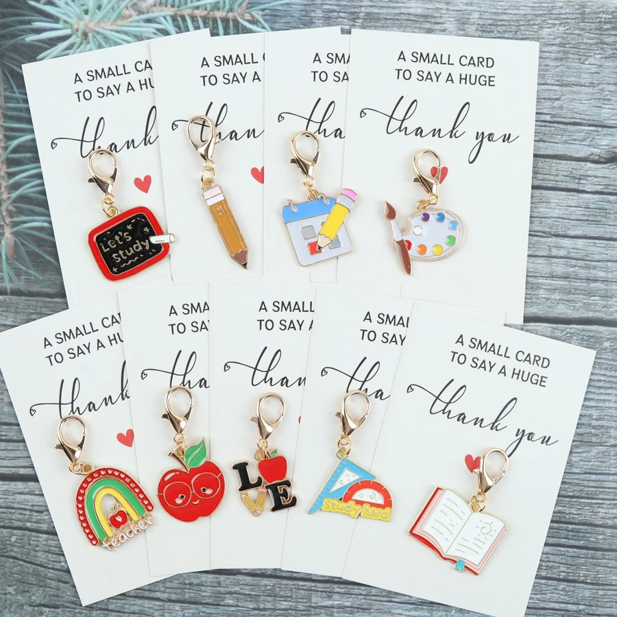 9pcs Learning Kits with Keychain, Accompanied by a Thank-You Card, Featuring a Chalkboard, Thanks to Apples, Pencils, and Books.