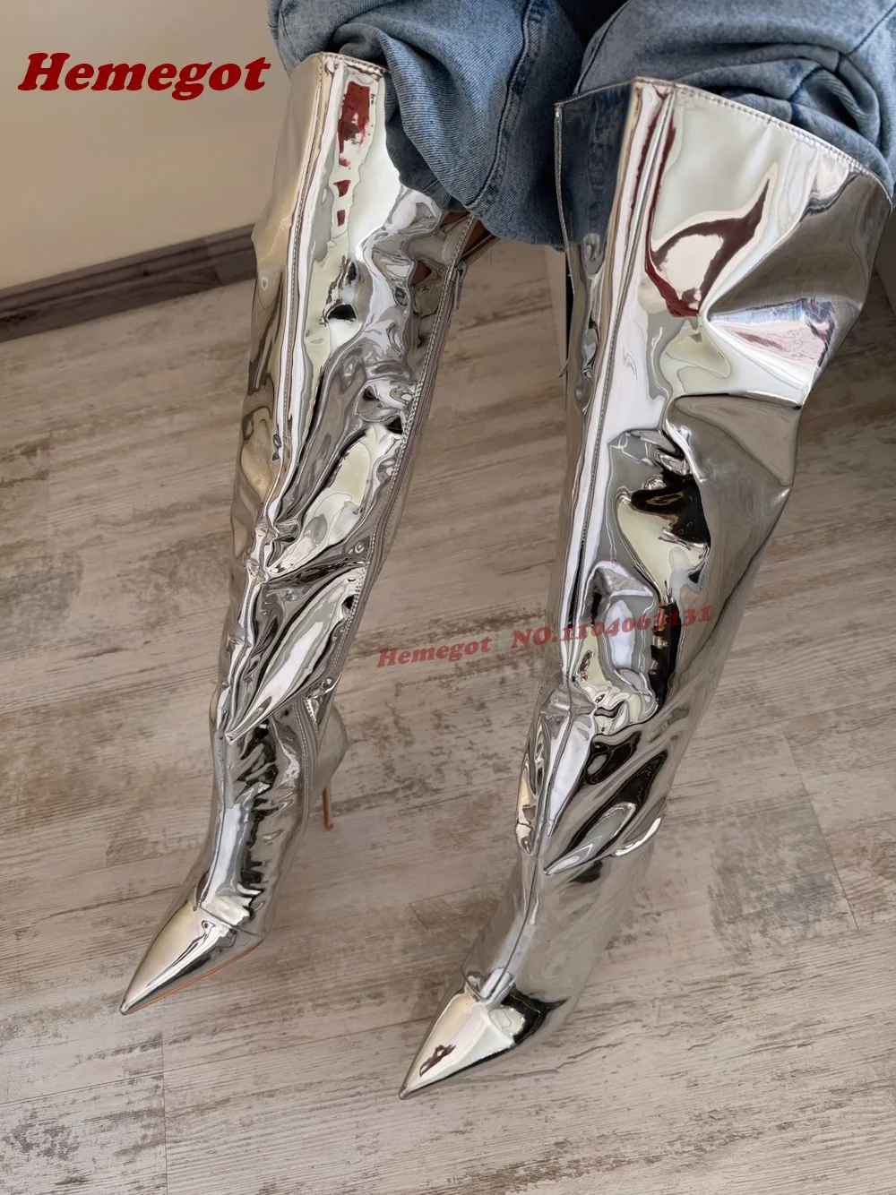 Mirror Silver Stiletto Over The Knee Boots Pointy Toe Patchwork Side Zipper Patent Leather Glossy Runway Shoes Luxury 2026 New
