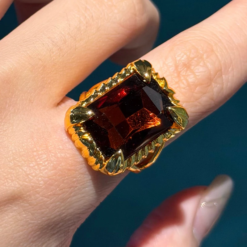 

Antique Gold Plated Orange Square Crystal Rings Designer Vintage Wedding Jewelry Luxury 2026 For Girls New Trends Party