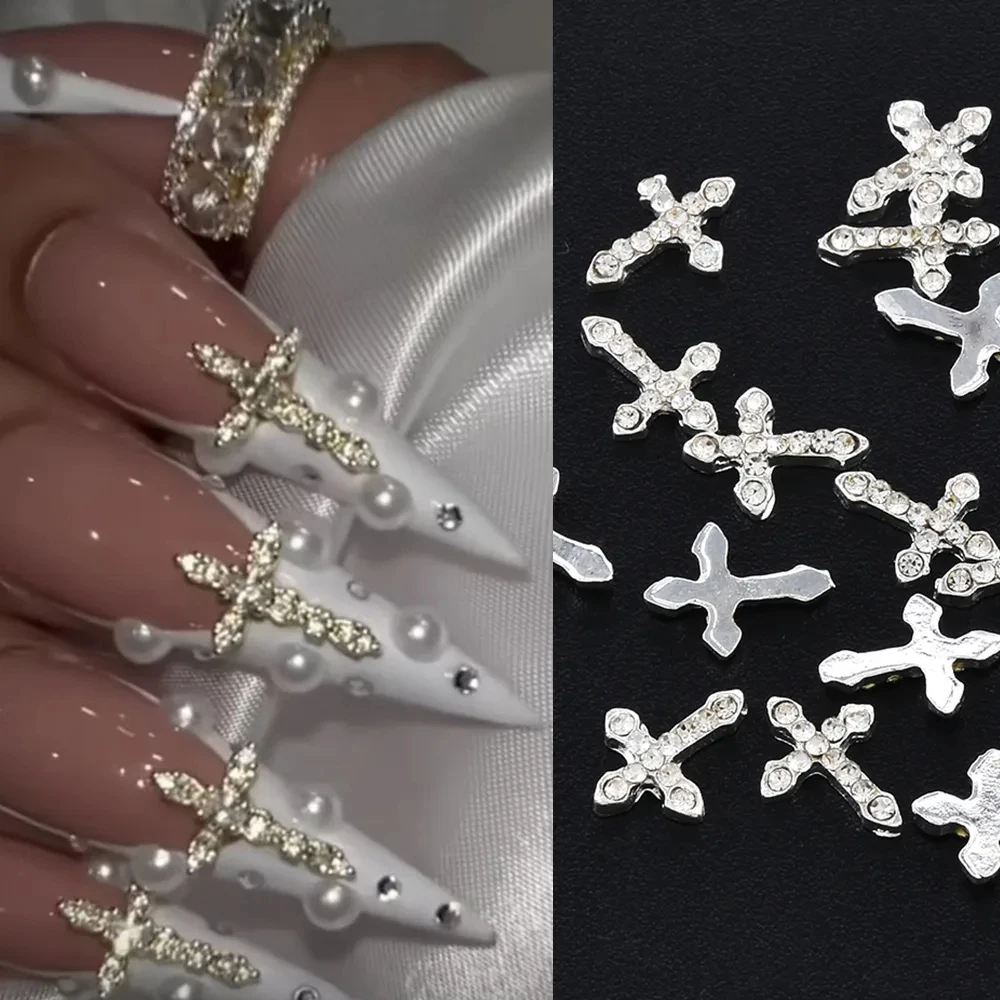 

10Pcs Luxury Silver Cross Nail Charms 3D Metal Punk Retro Pearl Diamond Cross Nail Art Decorations Kawaii DIY Manicure Accessori