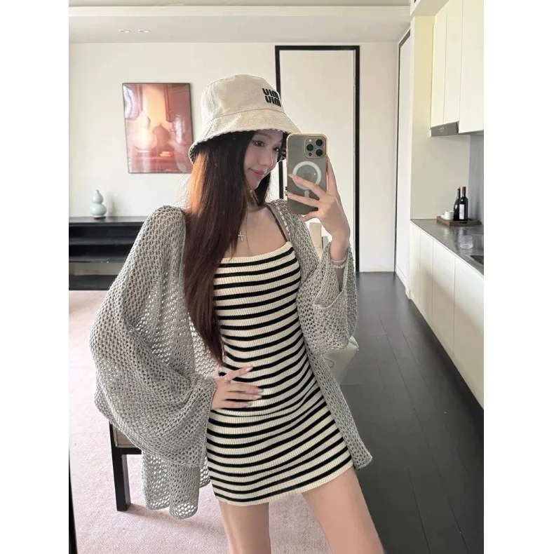 

Ladies Summer Thin Ice Silk Knitted Open Cardigan Loose Lazy Style Cover up Top Sun Protection Loose Fit Hollow out Knitwear