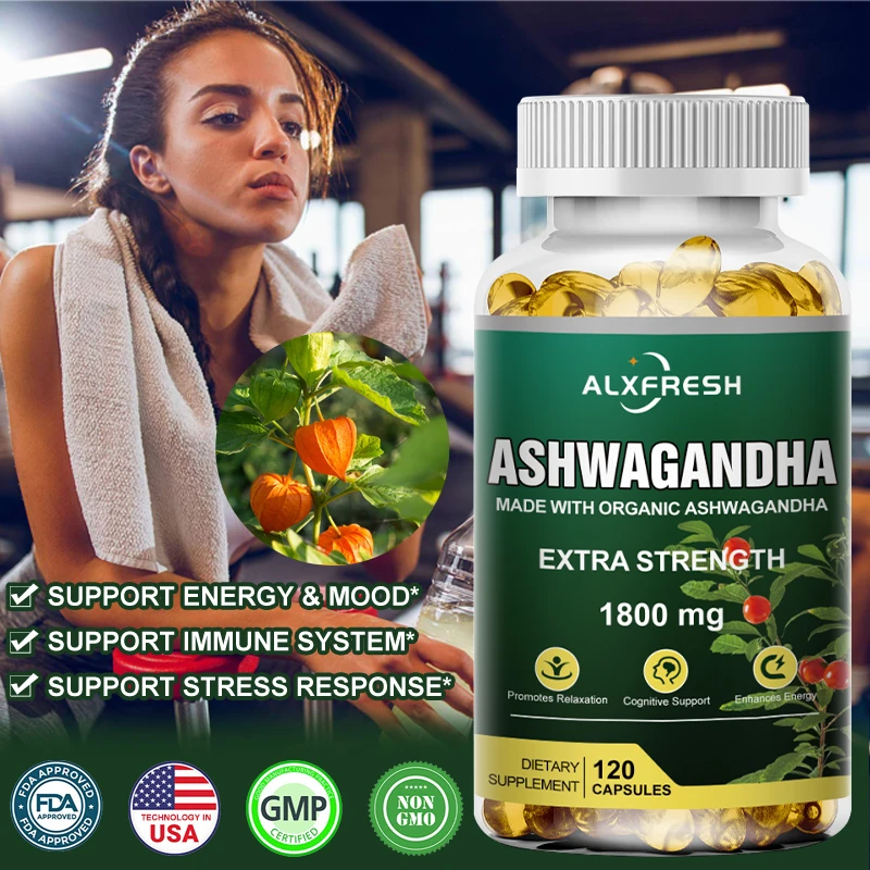 

Alxfresh Pure Ashwagandha Powder & Root Extract Oil Capsules 1800mg with Black Pepper- Vegen Dietary Supplements 60/120 Count