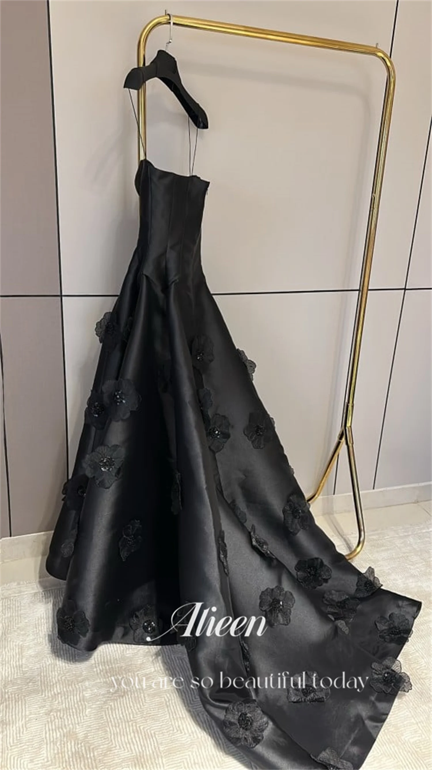 Flowers Spaghetti Straps Satin Black Elegant Party Dresses 2024 customized With Sleeves Colored Dress Evening Gown Robe Soiree