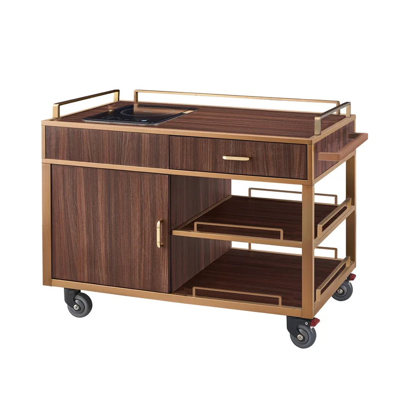Modern Restaurant Serving Cart 3 Layers Rose Gold Flambe Trolley Single Induction Cooker Oven Drawer Handle for Home Bar Hotel