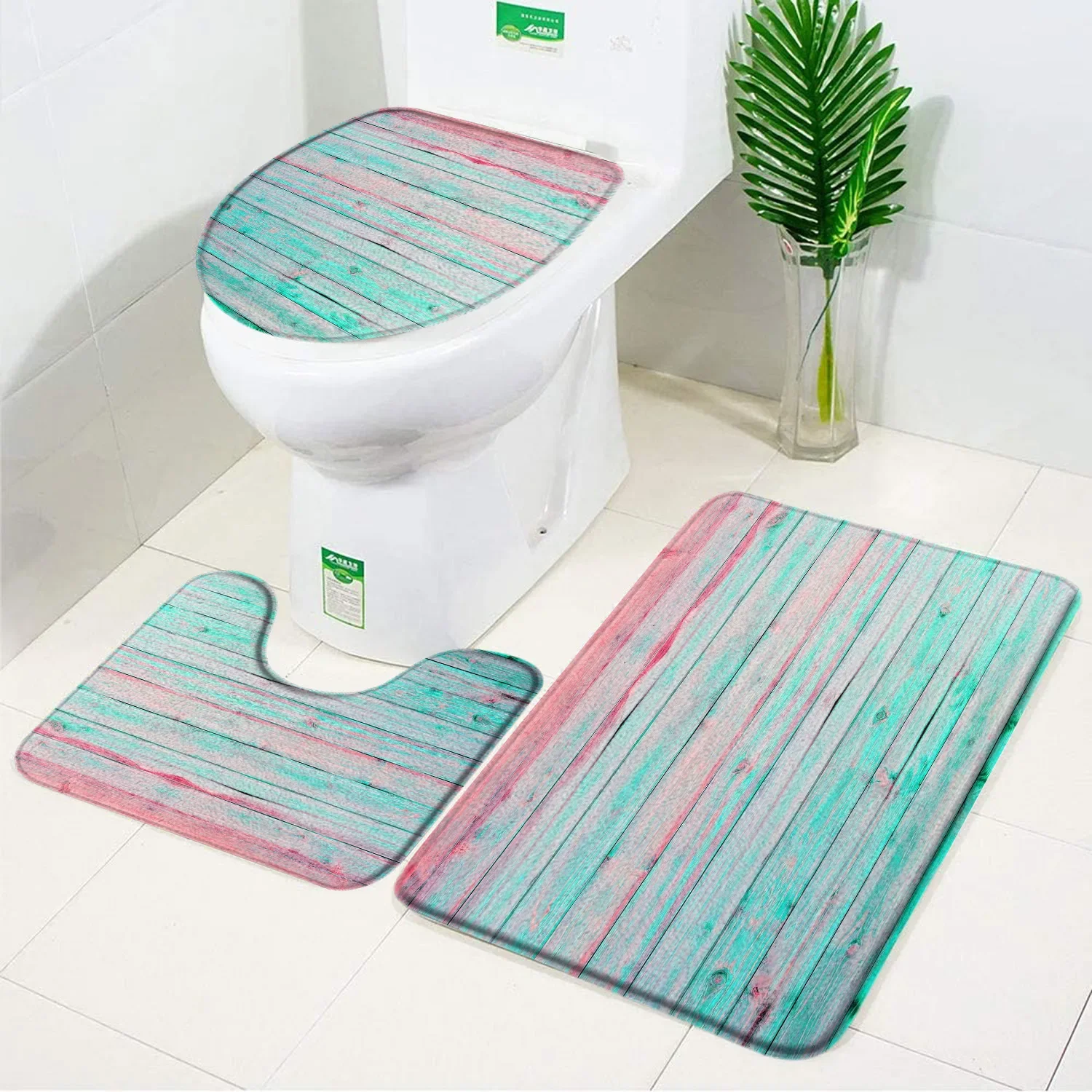 3pcs Set Cherry Blossom Wood Board Bath Mat Flower Vintage Rural Decor Anti Slip Rugs Carpet Toilet Cover Bathroom Accessory Set