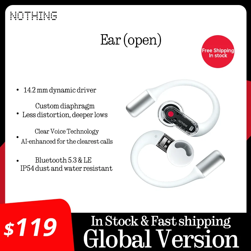 Global Versio Original Nothing Ear (открытые) наушники-вкладыши Bluetooth 5.3, настраиваемый эквалайзер IP54, водонепроницаемые наушники ChatGPT