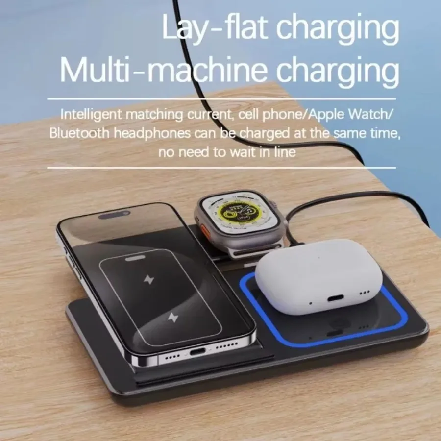 حامل شاحن لاسلكي سريع LED 3 في 1 محطة شحن قابلة للطي لهاتف iPhone 16 15 14 13 12 Apple Watch 9 8 7 6 5 Airpods Pro