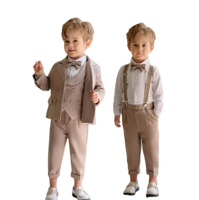 Little Boys Spring Khaki Wedding Suit Set Kids British Style Host Speech Performance Suit Children 1Year's Birthday Party Dress