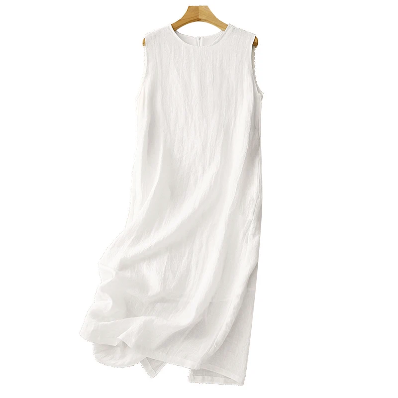 Cotton linen solid color round neck sleeveless undershirt dress female summer new literary simple temperament casual long skirt