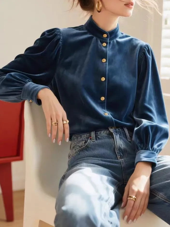 Womens Shirt Spring and Autumn Korean Version Stand Up Collar Velvet Shirt Daily Casual Simple Temperament Versatile