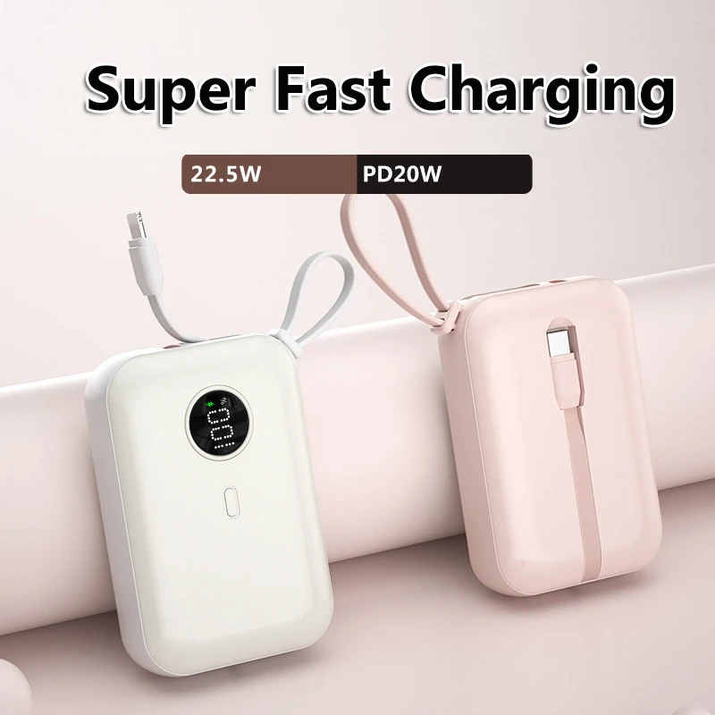 Mini Power Bank 50000mAh PD22.5W Super Fast Charging Speed Input/Output Cable All-in-on Battery For iPhone Samsung Huawei Xiaomi