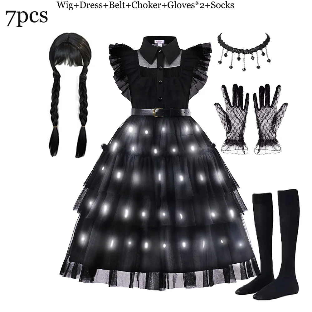 Halloween Wednesdy Merlina Addams Girl Costume With LED For Kids Fancy Carnival Party Ball Gown Princess Dress Cosplay Movie