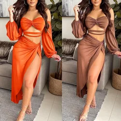 Long Sleeve Off Shoulder Slit Party Club Dress  Two Piece Set Long Sleeve Hollow Out Lace Crop Top Twist Side Split Skirts