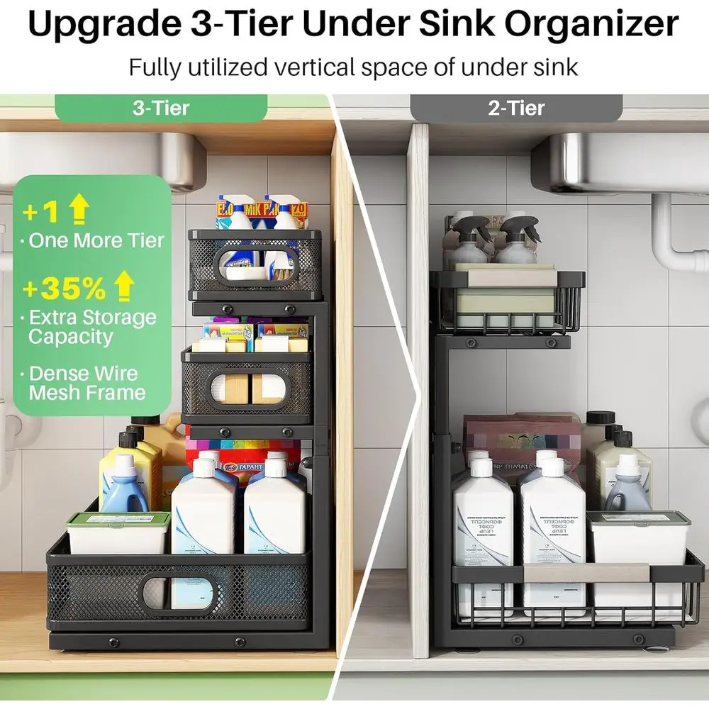 Under Sink Organizer, 1-Pack 3-Tier Height Adjustable Thickened Metal Pull out Cabinet Organizer, Slide out Storage Der Rack for