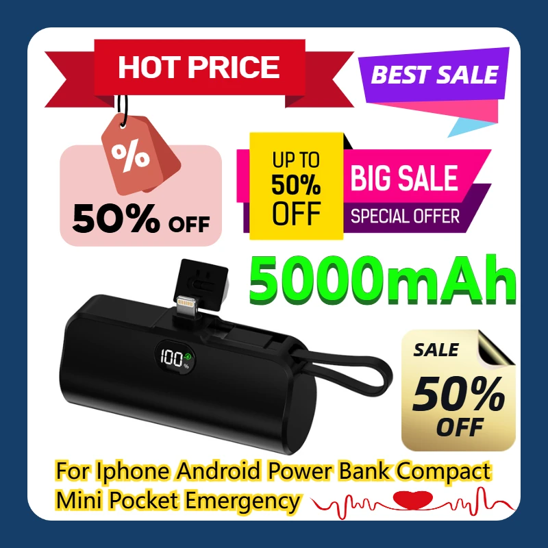 

For Iphone Android Power Bank Compact Mini Pocket Emergency 5000mAh