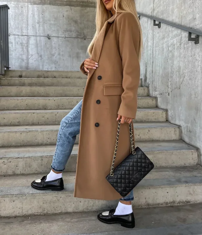 CPSYMYM Winter Coat for Women  Autumn Double Breasted Simple Solid Lapel Long Sleeved Split Long Woolen Cloth Jacket Coa