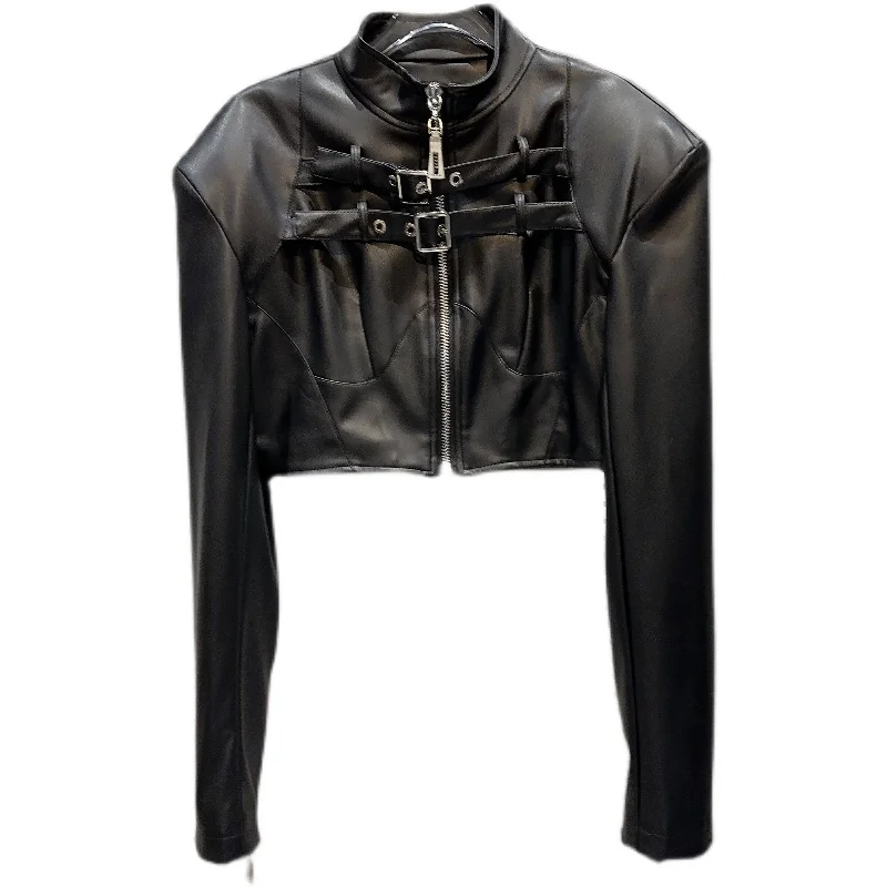 فاسق Sle Waed الجلود Jaet وسادة الكتف مربوط زر الساخن فتاة الشارع الشهير ort معطف سستة إغلاق طويل Sve المرأة... #5