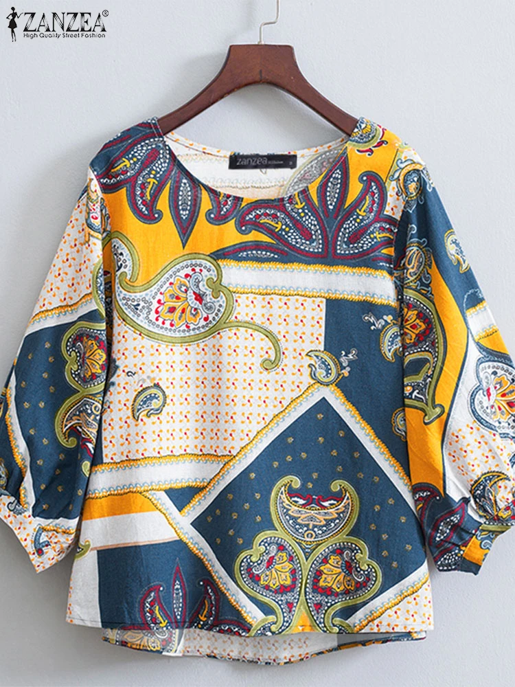 

ZANZEA Woman Vintage Paisley Print Blouses 2025 Summer Casual O-Neck 3/4 Sleeve Cotton Blusas Mujer Vacation Day Wear Tops