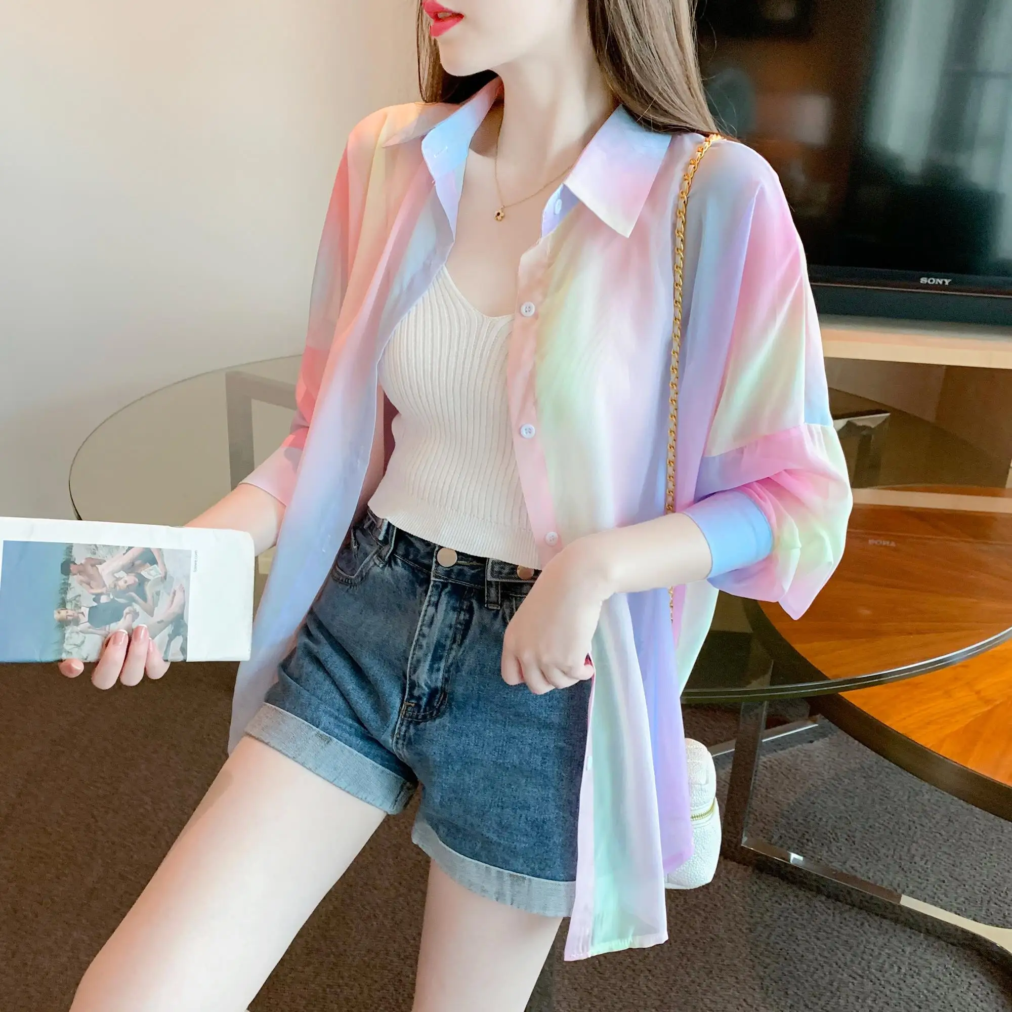 

Fashionable Thin Ice Silk Women's Summer 2023 New Slimming Sun Protection Shirt Chiffon Outerwear Collar Long Sleeve Coat