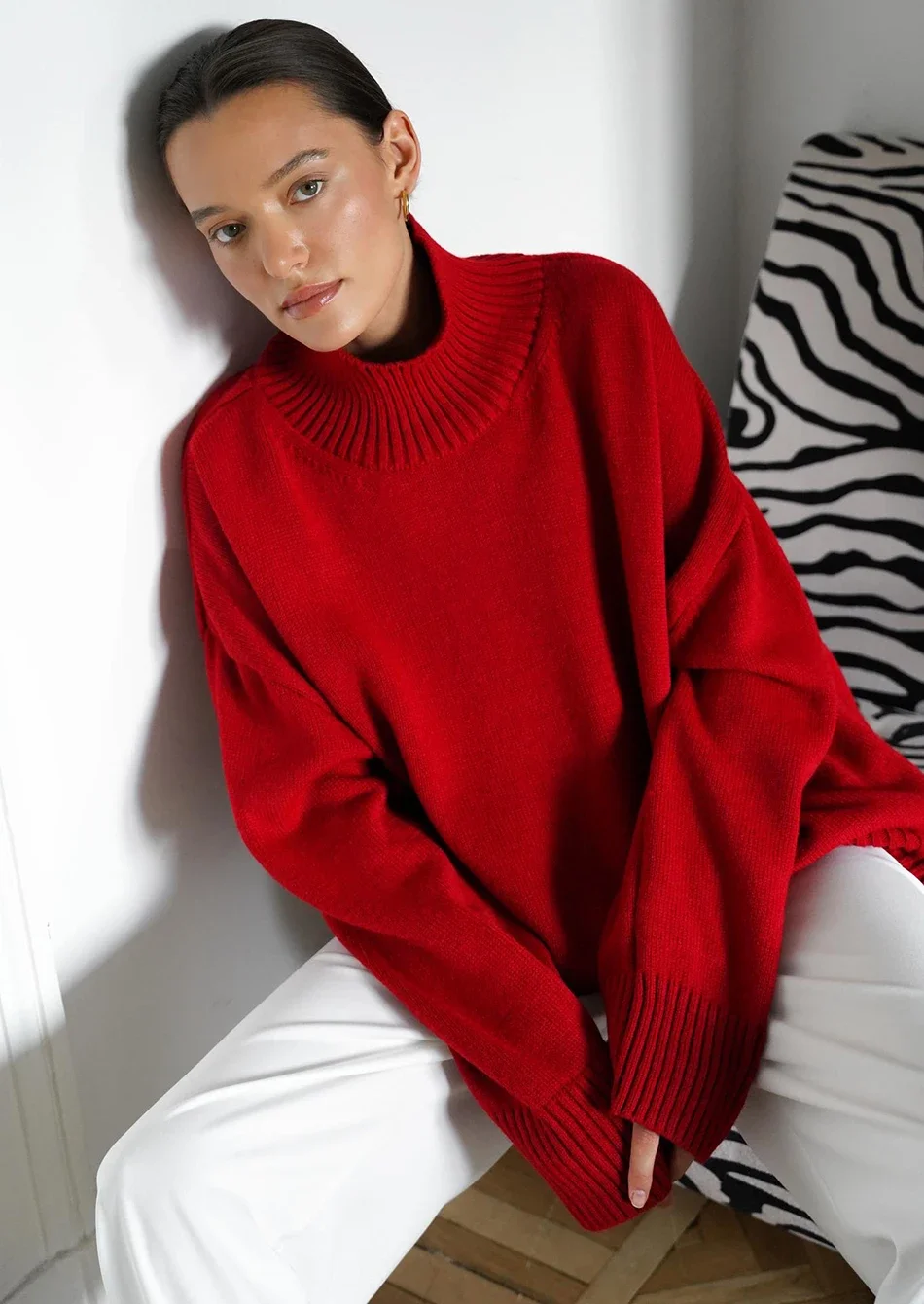 2024 New Autumn Winter Women Knitted Red Sweater High Street Vintage Oversized Loose High Collar Pullover Warm Jumper Sweaters