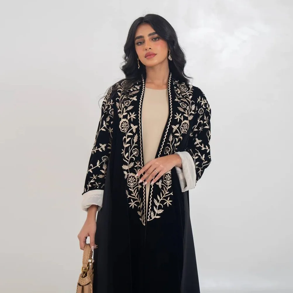 

Дубайская бархатная абайя с вышивкой, мусульманское платье с длинными рукавами, открытая спереди, элегантные кафтаны, женские арабские исламские платья макси, джалабия